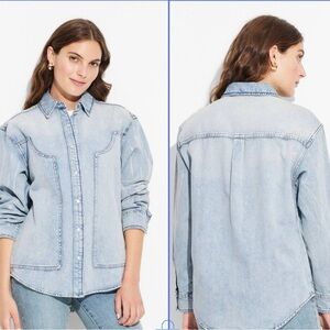 NWT Oversized Light Denim Denim Snap Button Up Western Shirt Jacket Shacket XS
